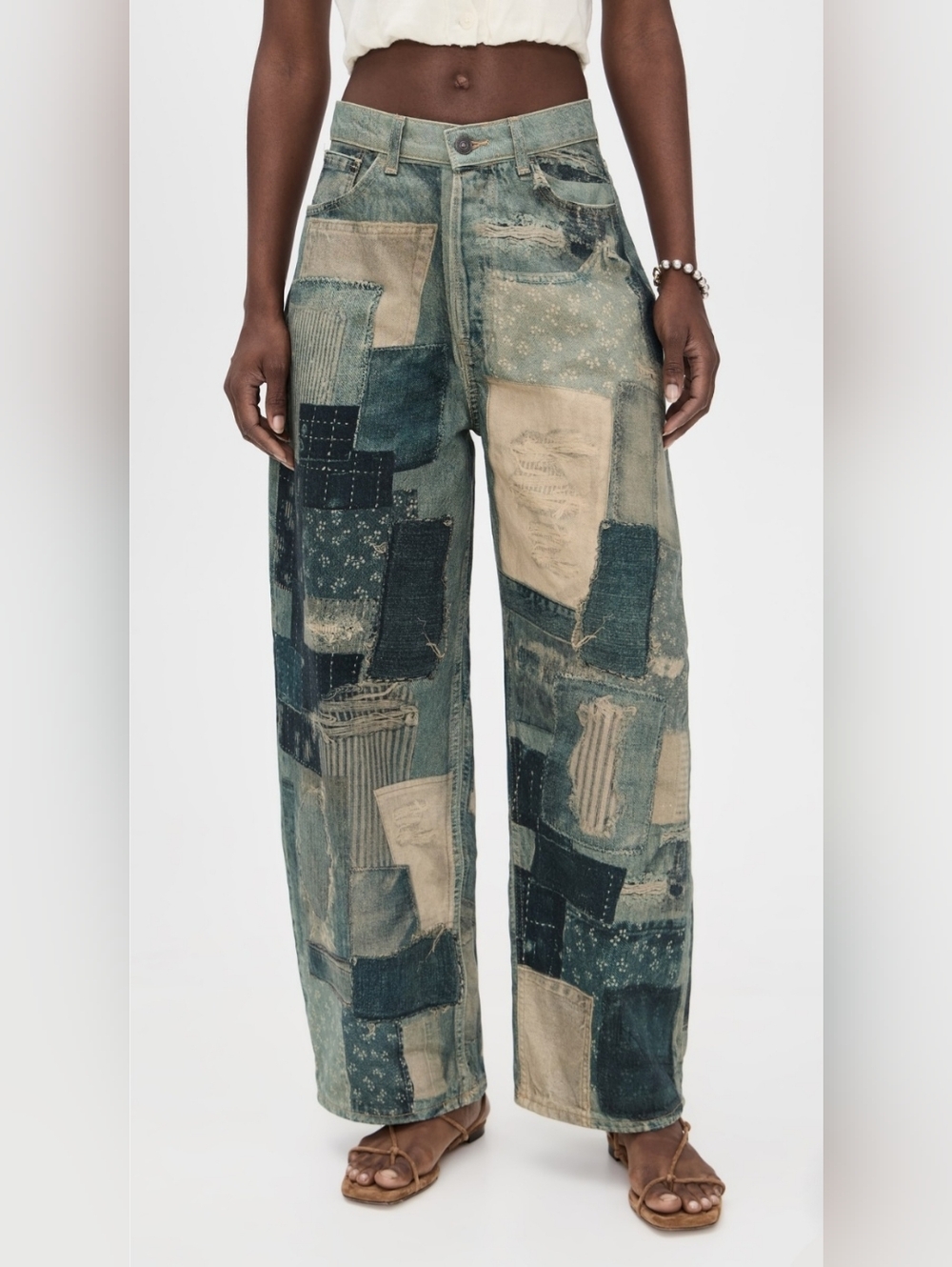 Free People Patchwork Wide-Leg Jeans in Washed Blue and Beige